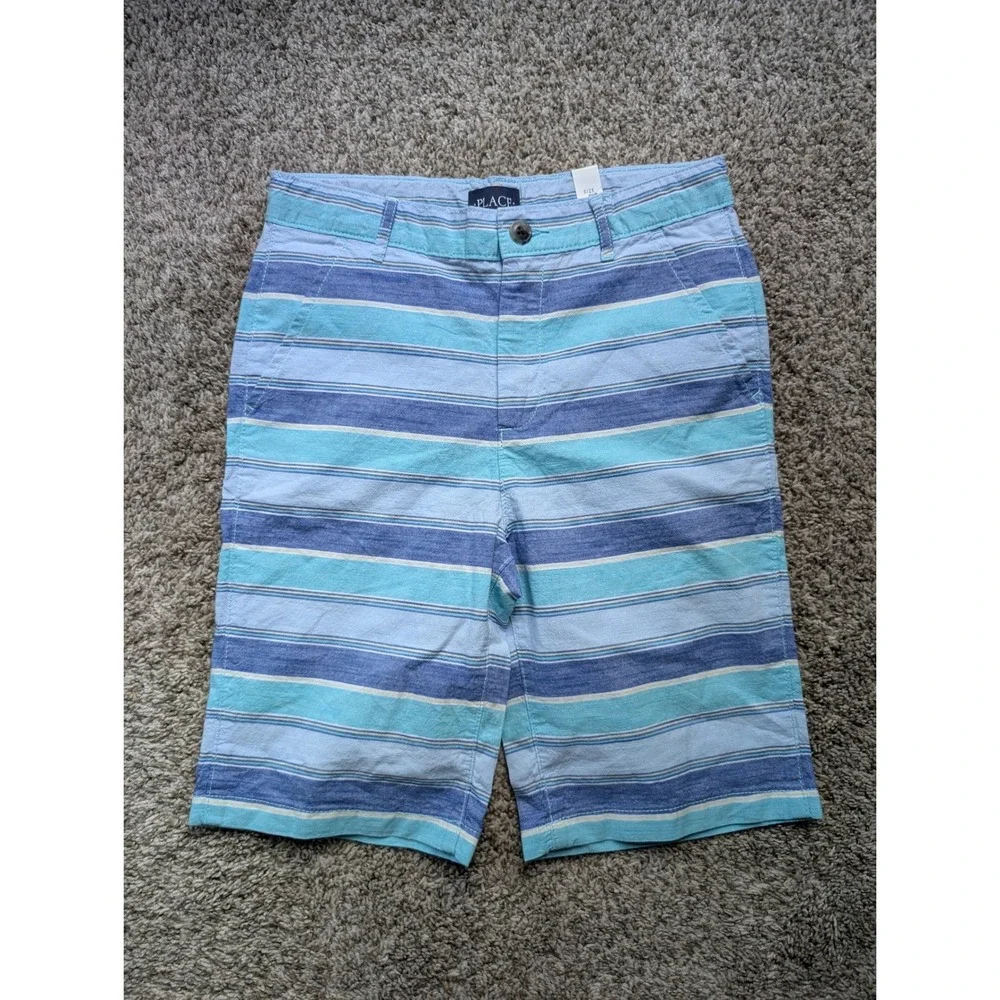 NWT Childrens Place Chino Shorts Boys 12 Blue New Striped Aegean Sea 3007315
